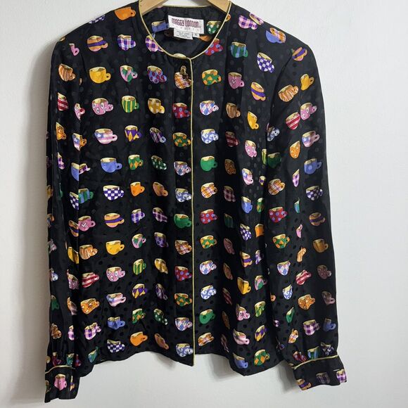 Vtg 80s 90s Maggy London Sz 6 Silk Coffee Tea Cups Long Sleeve Blouse Top - Picture 1 of 8